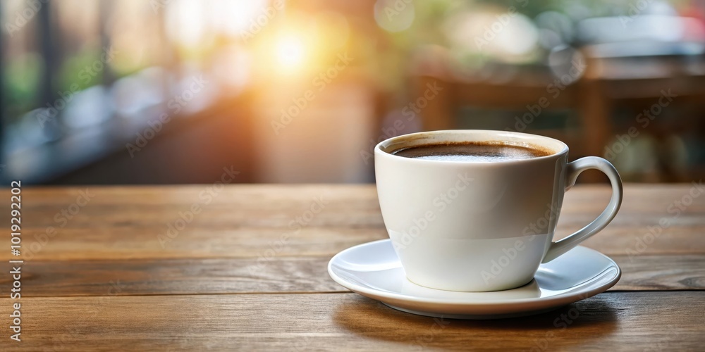 A single cup of coffee on a wooden table with a blurred background of a cafe setting, bathed in the warm glow of the morning sun. A single cup of coffee on a wooden table with a blurred background of a cafe setting, bathed in the warm glow of the morning sun.