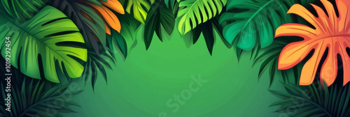 Lush tropical leaves frame a vibrant green background.
