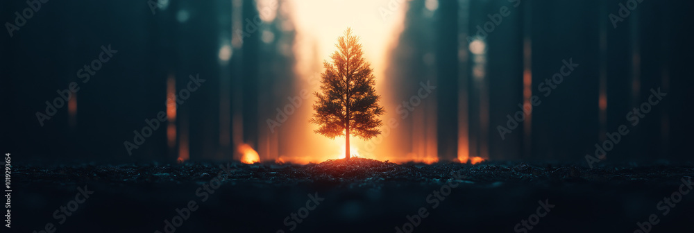 Fototapeta premium A single tree stands tall, bathed in the warm glow of the setting sun, amidst a dark and mysterious forest.