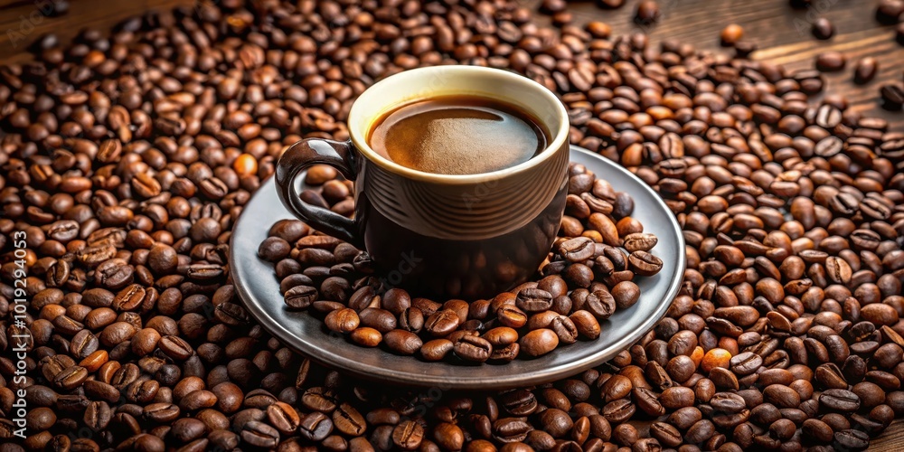 Aromatic coffee cup and saucer resting on a bed of roasted coffee beans, creating a symphony of rich flavors and textures. Aromatic coffee cup and saucer resting on a bed of roasted coffee beans, creating a symphony of rich flavors and textures.