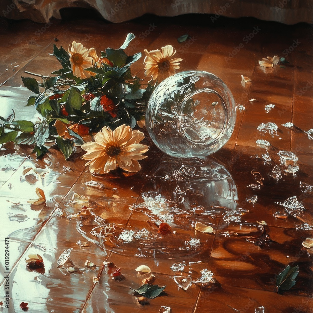 Broken Vase with Flowers on Shiny Floor Broken Vase with Flowers on Shiny Floor