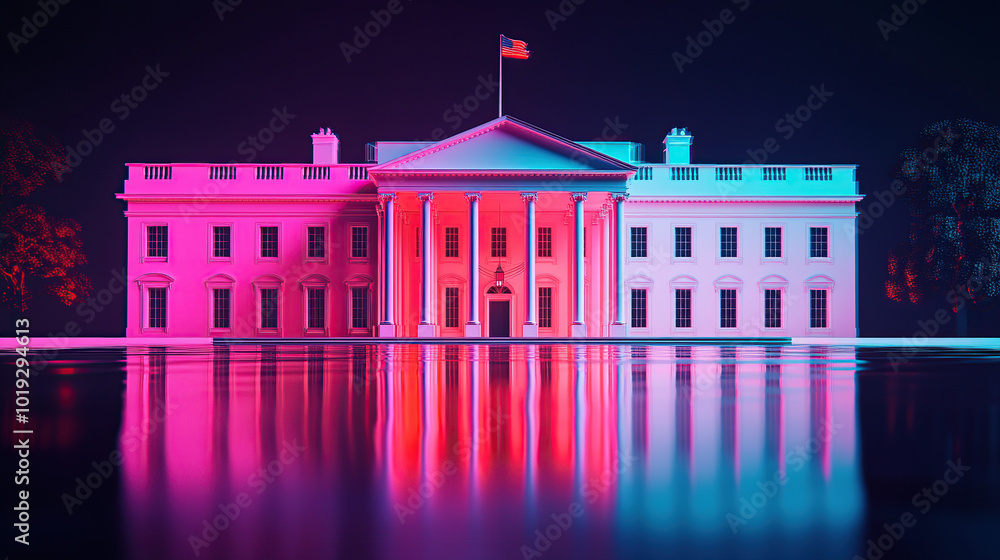 Naklejka premium 3D render of the White House, minimalistic, blue and pink gradient background