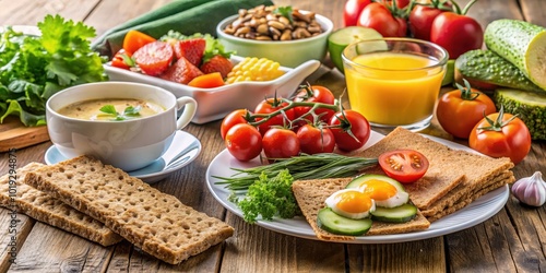 A Rustic Table Setting with a Variety of Fresh Produce and a Hearty Breakfast Dish