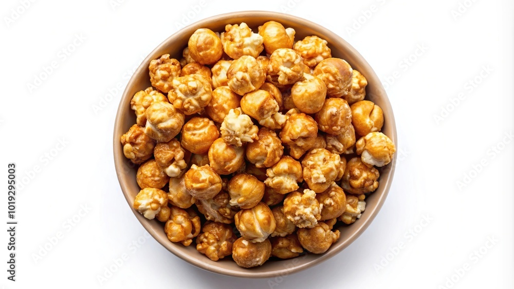Aerial view of caramel popcorn in a bowl on white background Aerial view of caramel popcorn in a bowl on white background