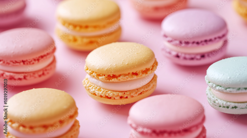 Colorful Macarons In Pastel Hues On Pink Background Close-up Vibrant Dessert Photography