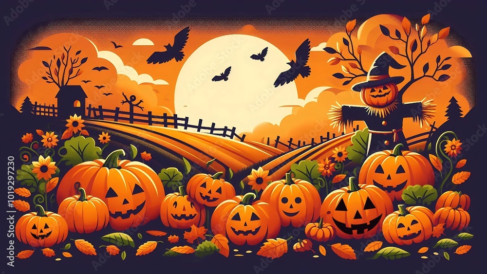 Pumpkin Patch with Scarecrow and Full Moon on Halloween Night Pumpkin Patch with Scarecrow and Full Moon on Halloween Night