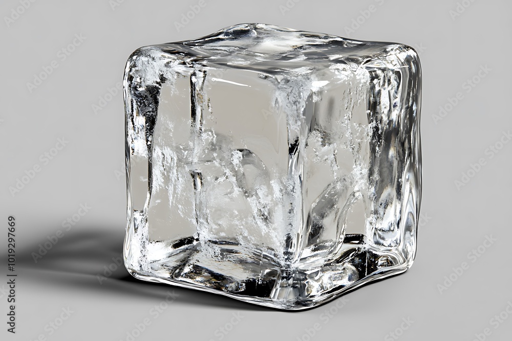 A clear ice cube resting on a surface, showcasing its transparency and texture. A clear ice cube resting on a surface, showcasing its transparency and texture.