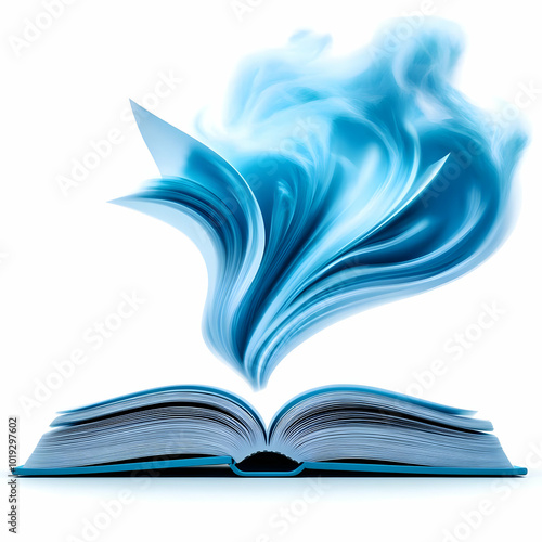 An artistic representation of an open book with flowing blue pages, symbolizing knowledge and inspiration.