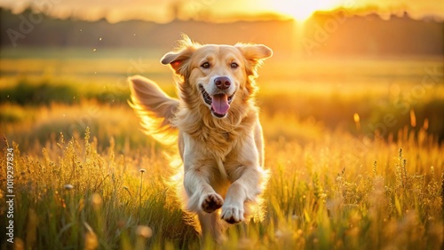 Happy golden retriever runs freely in a vast open field, ears flapping in the wind, tail wagging with joyful abandon, sun shining down.