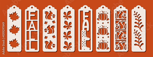 Set of vertical bookmarks with fall patterns. Laser cut template. Decorative autumn bookmark stencil for paper, wood and metal cutting. Vector design with leaves, squirrel, pumpkin