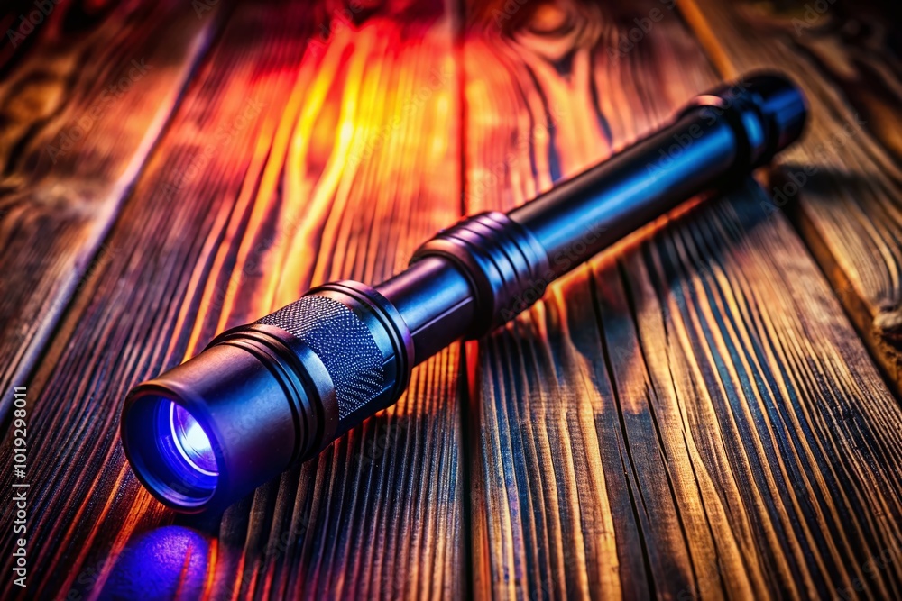 Naklejka premium Polished black cop nightstick on a wooden surface with dramatic lighting for law enforcement themes