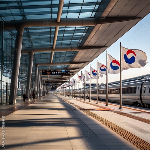 Fototapeta Naklejka Na Ścianę i Meble -  A modern train station with South Korean flags and a sleek architectural design.