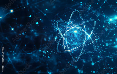 A blue background design with a glowing atom in the center symbolizes energy and the science of physics design