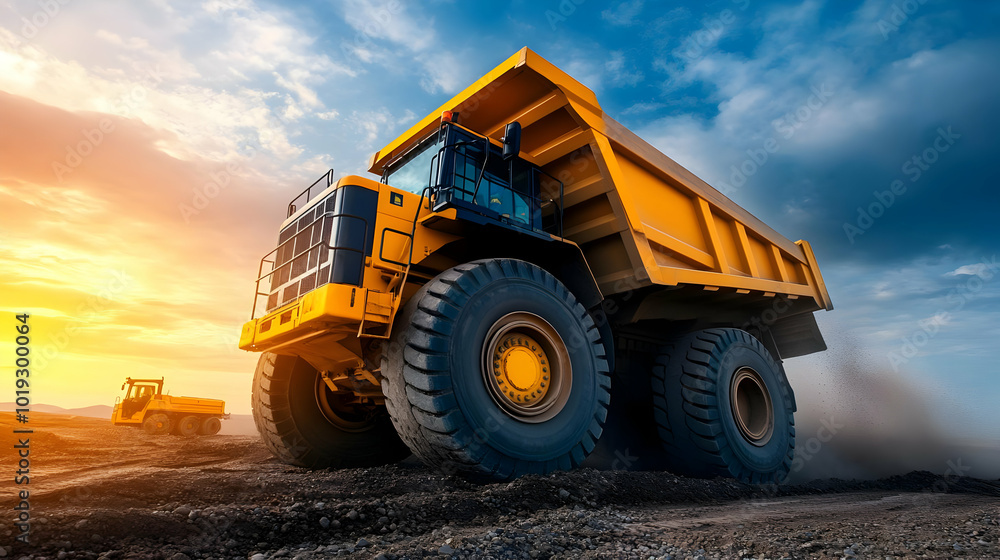 Fototapeta premium A large yellow dump truck operating on a construction site against a dramatic sunset sky.