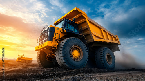 A large yellow dump truck operating on a construction site against a dramatic sunset sky.