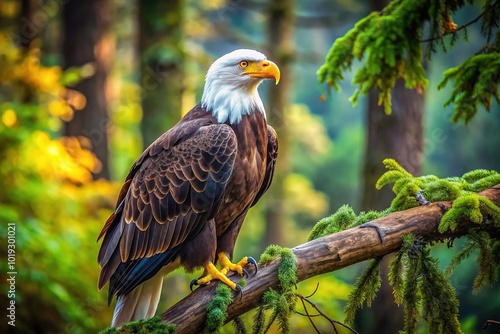 Majestic eagle perched on a tree branch, spread wings showcasing vibrant brown and white plumage, with loose feathers gently floating in the serene forest atmosphere.