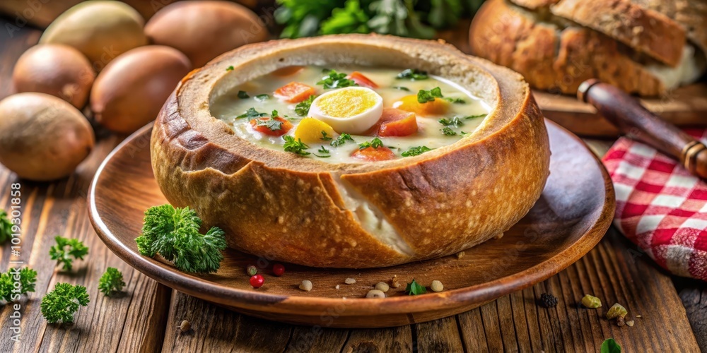 Creamy soup served in a bread bowl, garnished with parsley and a halved egg, resting on a wooden plate with scattered peppercorns and parsley sprigs Creamy soup served in a bread bowl, garnished with parsley and a halved egg, resting on a wooden plate with scattered peppercorns and parsley sprigs