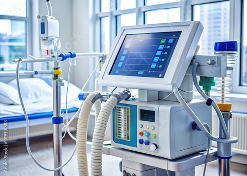 Modern medical ventilator machine with interactive display screen and breathing tube, providing life-supporting oxygen to patients in intensive care or hospital settings.