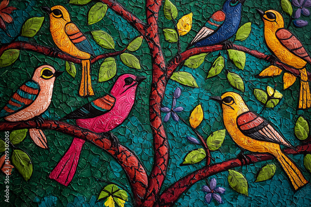 Vibrant Birds on a Lush Tree Branch - Colorful Nature Painting Vibrant Birds on a Lush Tree Branch - Colorful Nature Painting
