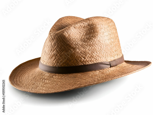 A stylish straw hat with a brown band, perfect for sunny days and outdoor activities. photo