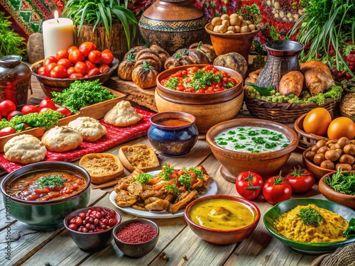 On a beautifully arranged table, traditional Ukrainian cuisine comes alive with vibrant dishes and fresh ingredients, reflecting the rich cultural heritage and flavor diversity of Ukraine.