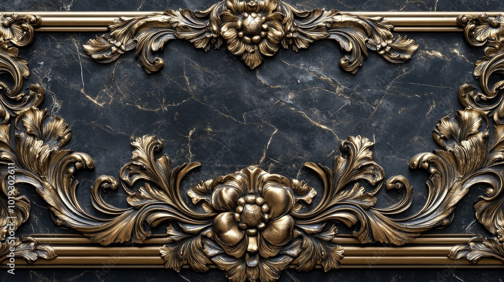 Ornate Golden Floral Design on Black Marble Background Ornate Golden Floral Design on Black Marble Background