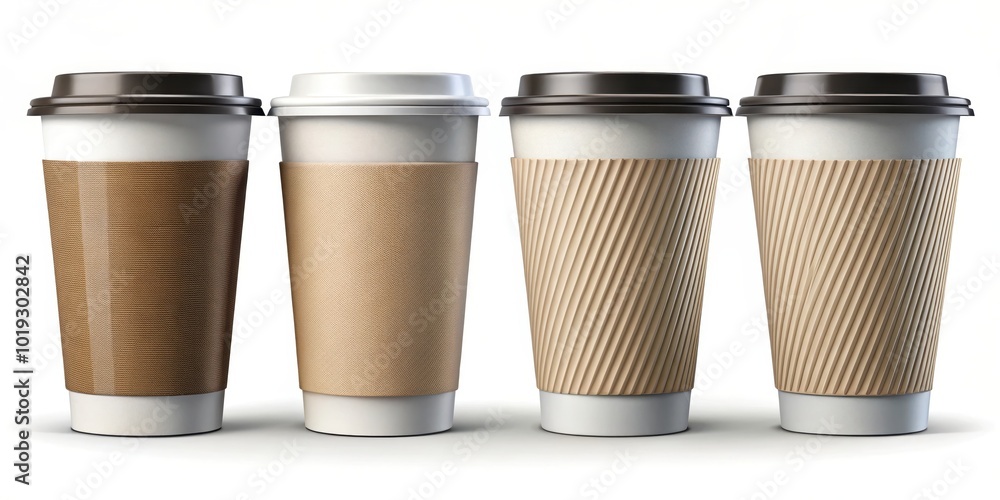 Four disposable coffee cups with various paper sleeves, arranged in a row, isolated against a white background Four disposable coffee cups with various paper sleeves, arranged in a row, isolated against a white background