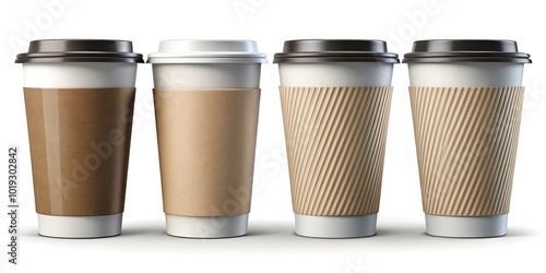 Wallpaper Mural Four disposable coffee cups with various paper sleeves, arranged in a row, isolated against a white background Torontodigital.ca