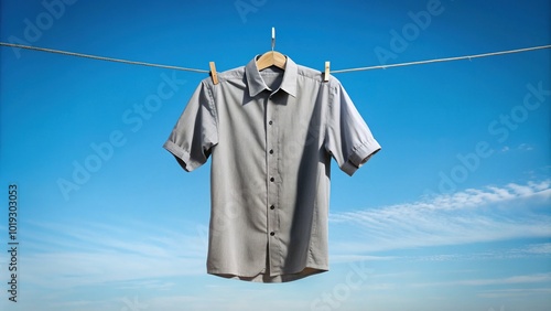 Relaxed fitting gray short-sleeve casual button-down shirt with a soft texture, hanging on a rustic wooden clothesline against a clear blue sky background. photo