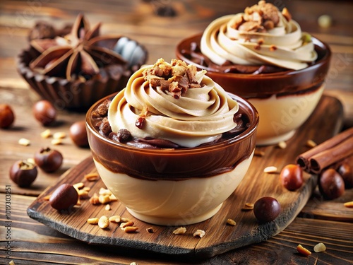 Rich, velvety chocolate and creamy vanilla swirls mingle in a decadent, mouthwatering dessert, topped with a sprinkle of dark chocolate shavings and a few fresh nuts. photo