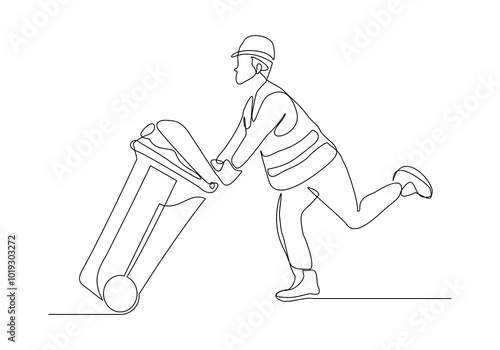 Continuous single line sketch drawing of man holding pushing rubbish bin garbage plastic box container trash can one line vector illustration