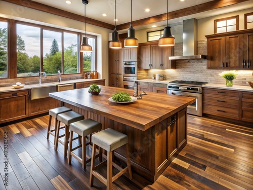 Rustic wooden countertops adorn a modern kitchen, featuring richly grained planks, subtle knots, and a warm, honey-brown finish that evokes cozy, natural sophistication.