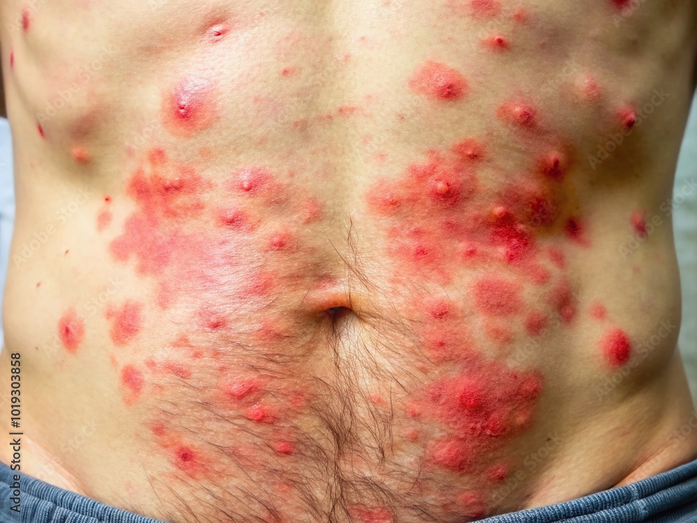 Fototapeta premium Rash on lower belly with red spots indicating possible skin irritation or allergic reaction symptoms