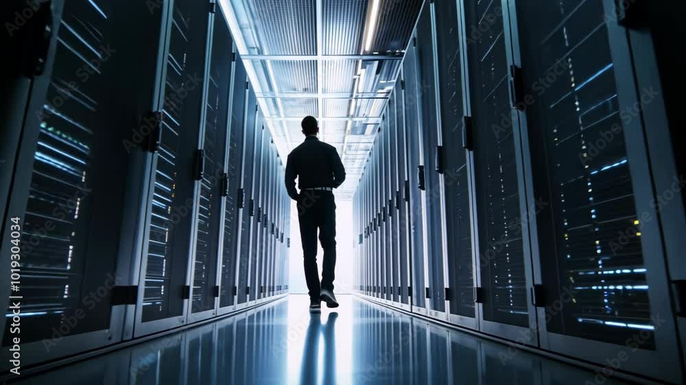 Walking the Data Center: IT Technician with Laptop Walking the Data Center: IT Technician with Laptop