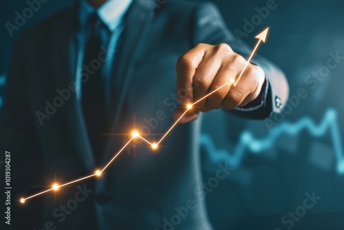 Businessman drawing a rising graph line in the air. Success and growth concept for business, finance, and marketing.