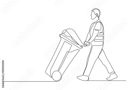 Continuous single line sketch drawing of man holding pushing rubbish bin garbage plastic box container trash can one line vector illustration
