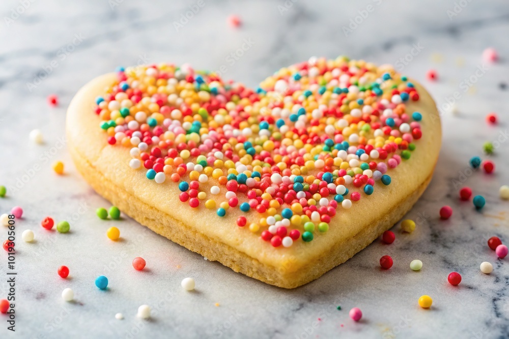 Sweet treats fill the air as a delicate heart-shaped sugar cookie, sprinkled with colorful nonpareils, rests on a white marble surface, surrounded by soft focus blur. Sweet treats fill the air as a delicate heart-shaped sugar cookie, sprinkled with colorful nonpareils, rests on a white marble surface, surrounded by soft focus blur.