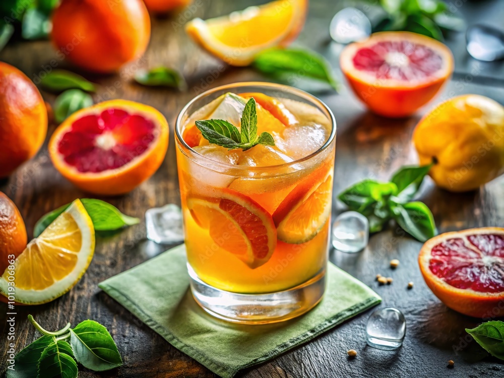 Refreshing beverage in a glass with ice and citrus slice on a wooden table in natural light setting Refreshing beverage in a glass with ice and citrus slice on a wooden table in natural light setting