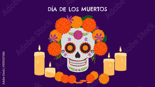 Day of Dead. Dia De Los Muertos. Traditional Mexican holiday honoring the souls of the deceased. Sugar skull altar with candles. Design postcard banner. Vector.