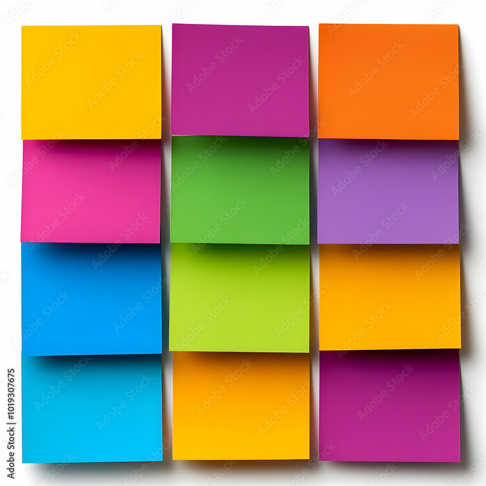 Fototapeta premium Colorful sticky notes arranged in a grid, perfect for organization and decoration.