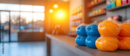 Colorful yarn balls stacked on a shelf in a cozy craft shop, illuminated by warm sunlight from the window. photo