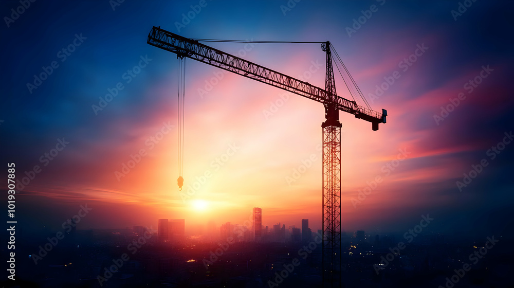 Construction crane silhouetted against a vibrant sunset, showcasing urban development and progress. Construction crane silhouetted against a vibrant sunset, showcasing urban development and progress.