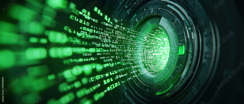Digital vault door opening with streams of green data flowing through. Digital vault door opening with streams of green data flowing through.