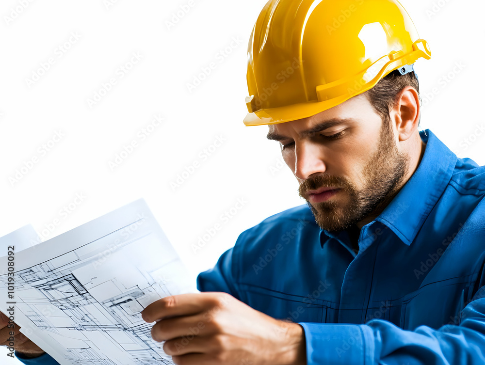 Construction worker analyzing building plans, wearing a yellow hard hat, white isolate background. Construction worker analyzing building plans, wearing a yellow hard hat, white isolate background.