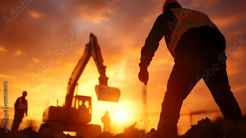 Construction workers silhouetted against a vibrant sunset, showcasing teamwork and labor at a construction site. photo