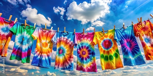 Vibrant tie-dye t-shirts in various colors and patterns hang on a rustic clothesline against a sunny blue sky with fluffy white clouds.