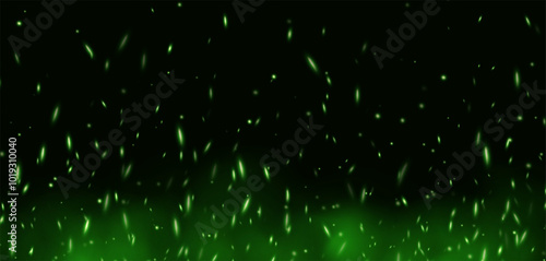 Green flame with sparks, fire with flying cinder, abstract glowing embers, heat sparkles, bokeh fire texture. Vector illustration.