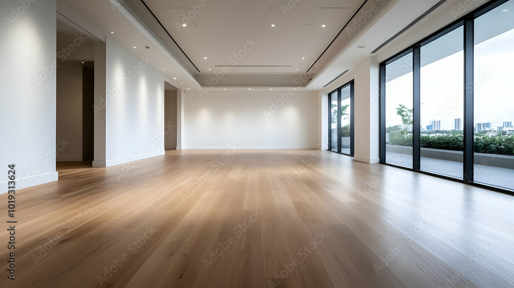 Fototapeta premium Modern empty room with wooden floor and large windows, bright natural light.