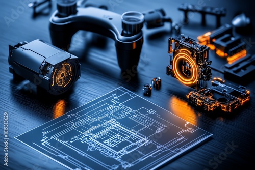 A reverse-engineered blueprint of a complex device, with the original object disassembled beside it, symbolizing the process of recreating technology