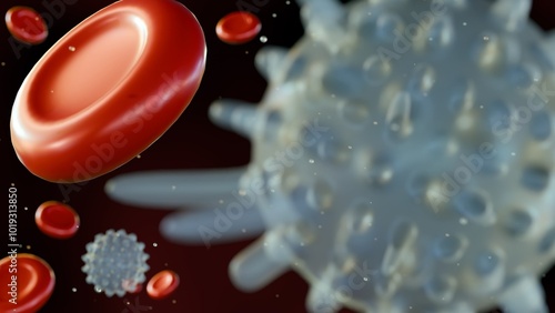 3d rendering of red and white blood cells floating in a liquid. The red blood cells are shaped like discs, while the white blood cells are rounder. photo